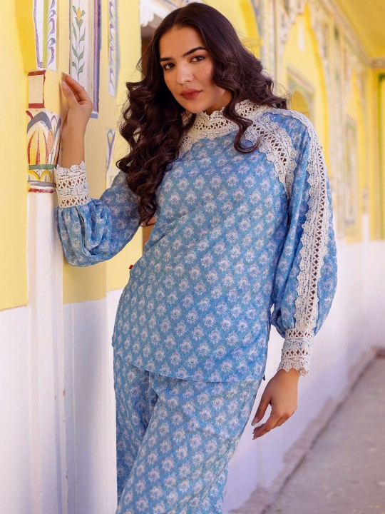 Schiffli Printed High Neck Top With Palazzo Co-Ords