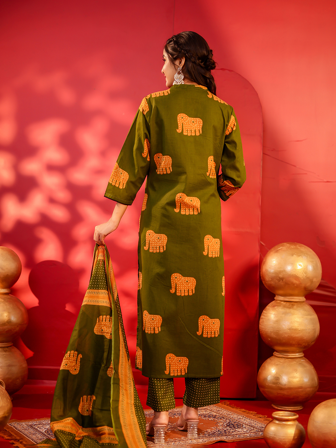 VASVI Women Elephant Printed Cotton Kurta Pant With Dupatta Set Hover