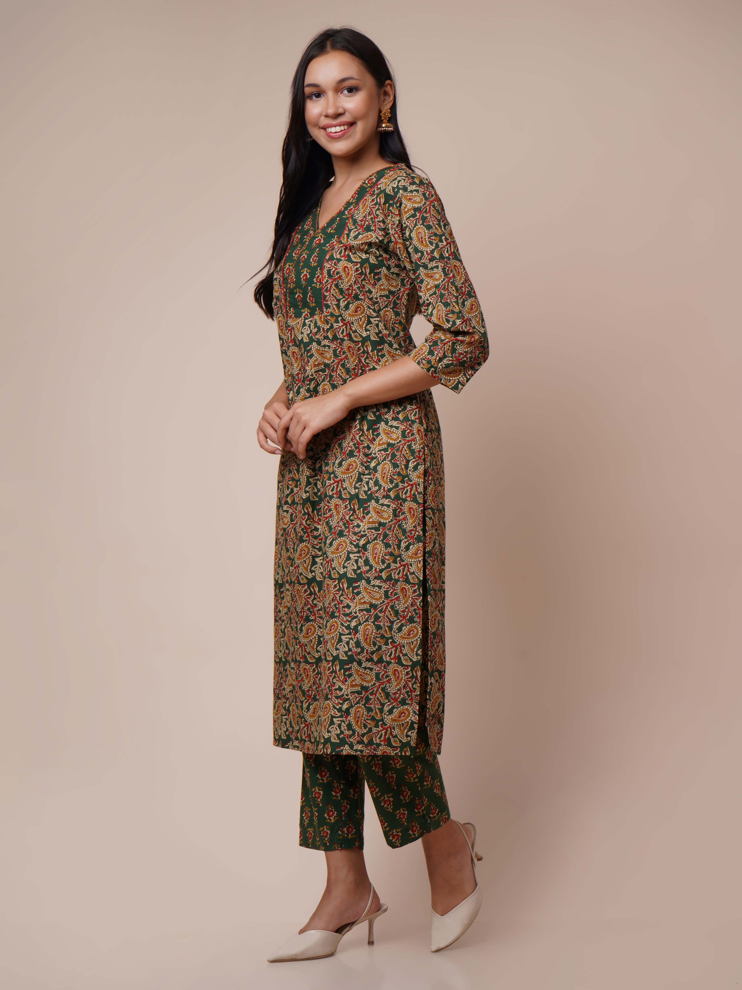 Kalamkari Printed Regular Pure Cotton Kurta with Trousers & With Dupatta