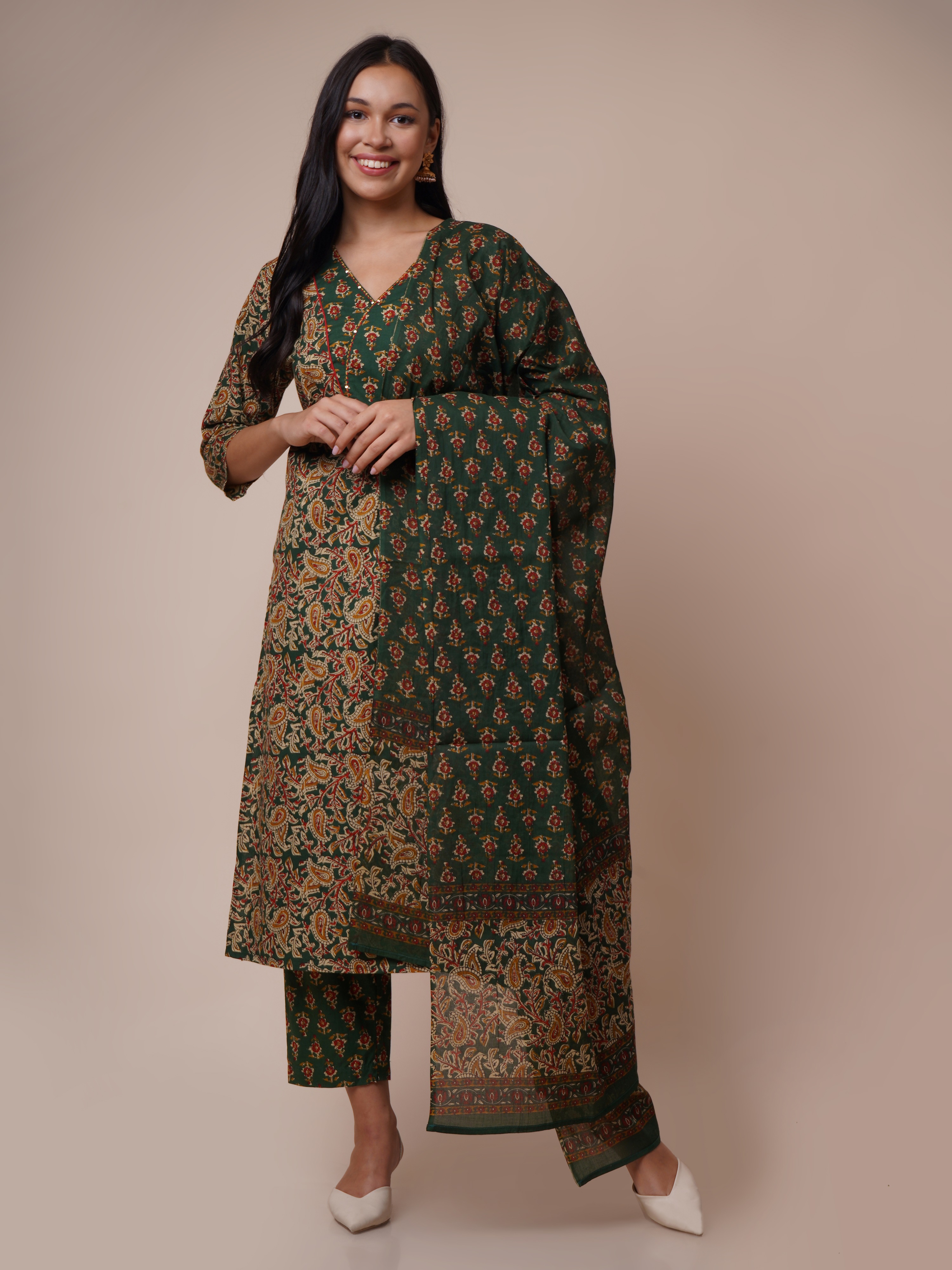 Kalamkari Printed Regular Pure Cotton Kurta with Trousers & With Dupatta