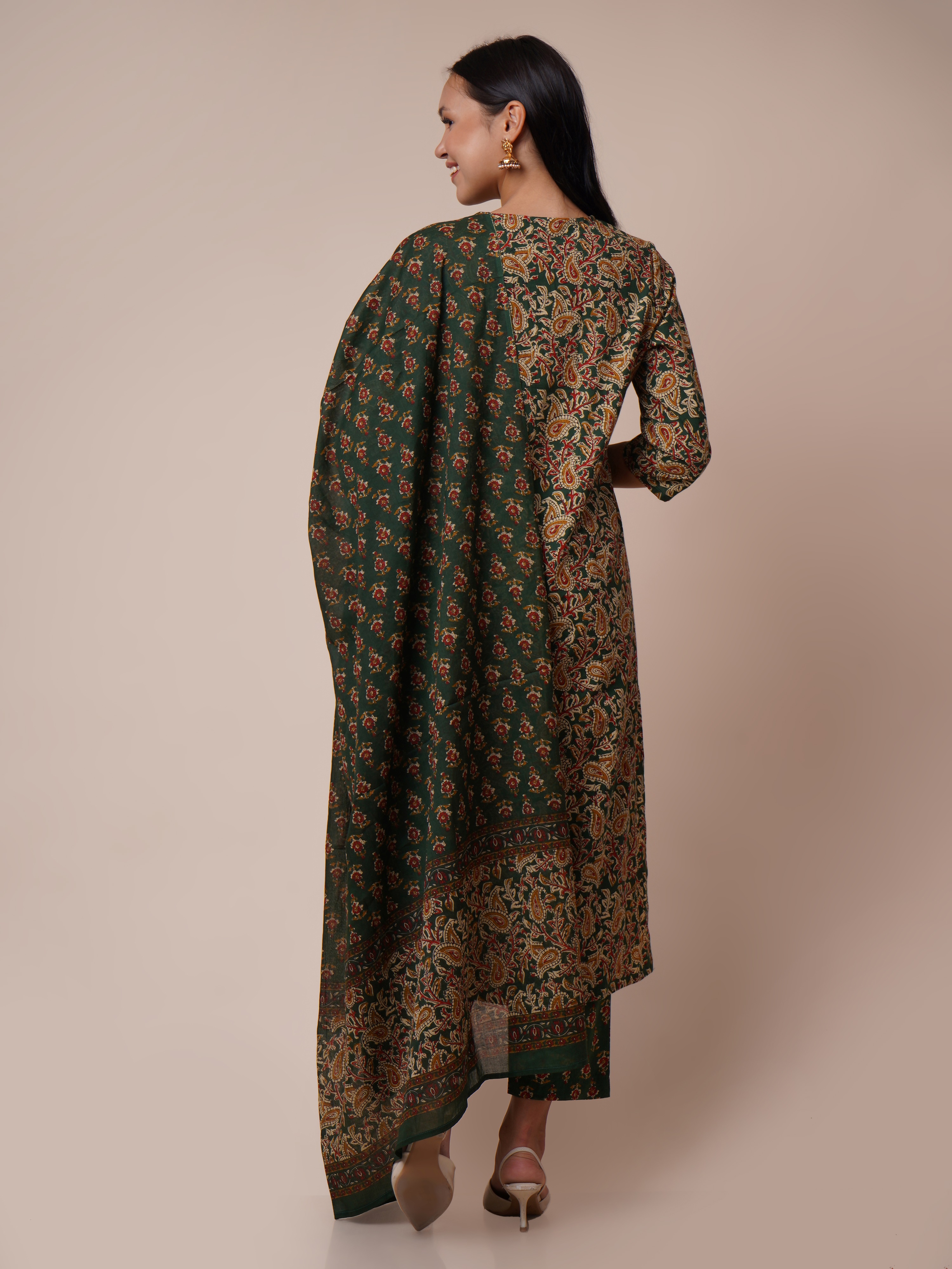 Kalamkari Printed Regular Pure Cotton Kurta with Trousers & With Dupatta