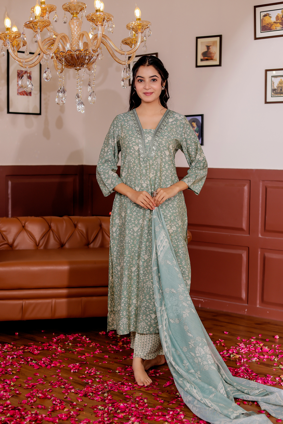 Modal Chanderi Mirror Work Straight Kurta,Trouser With Dupatta Hover