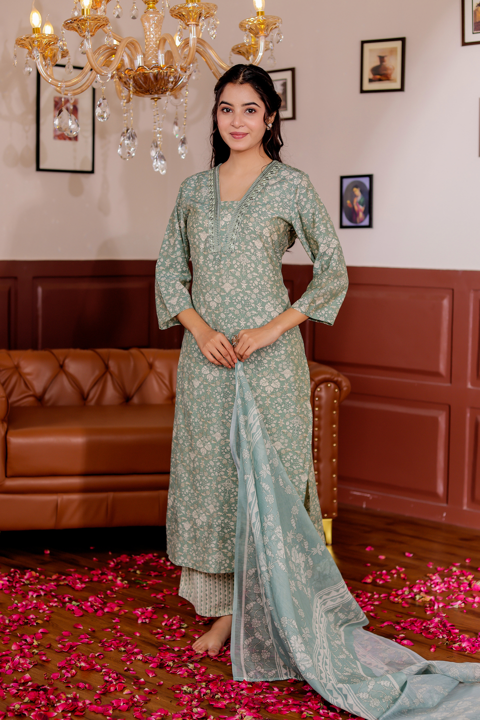 Modal Chanderi Mirror Work Straight Kurta,Trouser With Dupatta