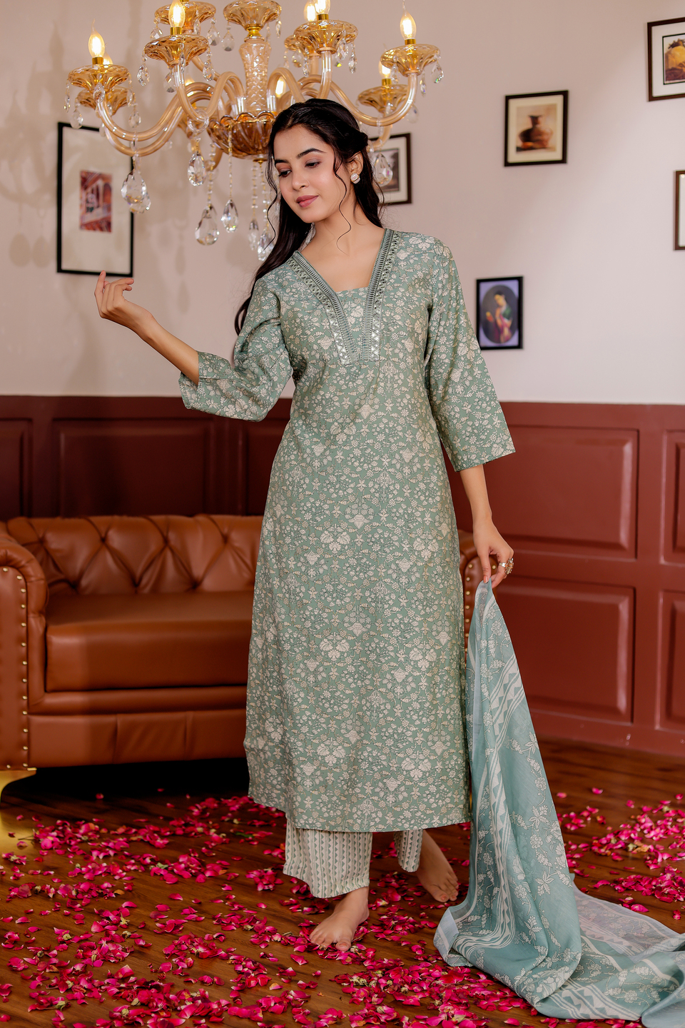 Modal Chanderi Mirror Work Straight Kurta,Trouser With Dupatta