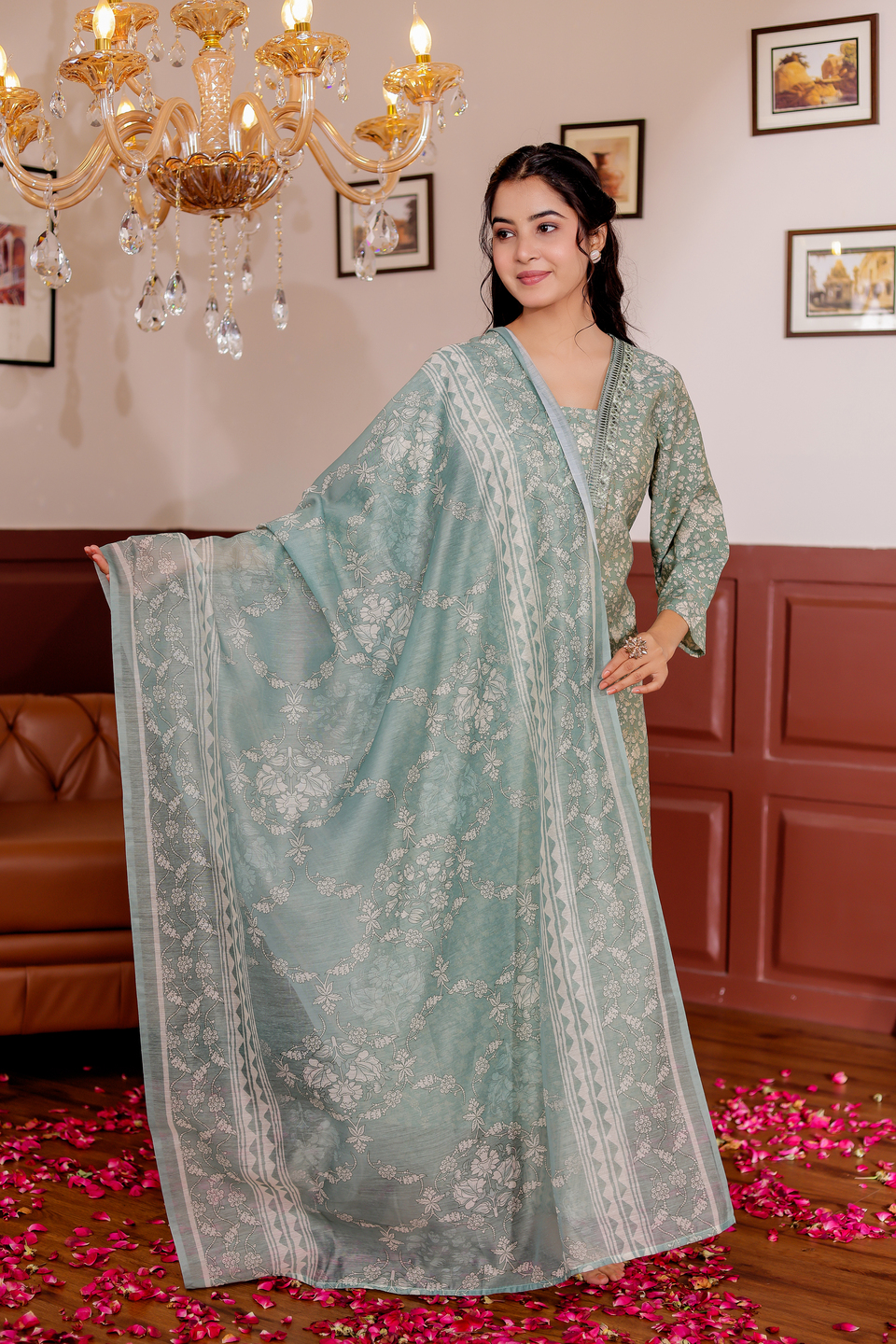 Modal Chanderi Mirror Work Straight Kurta,Trouser With Dupatta