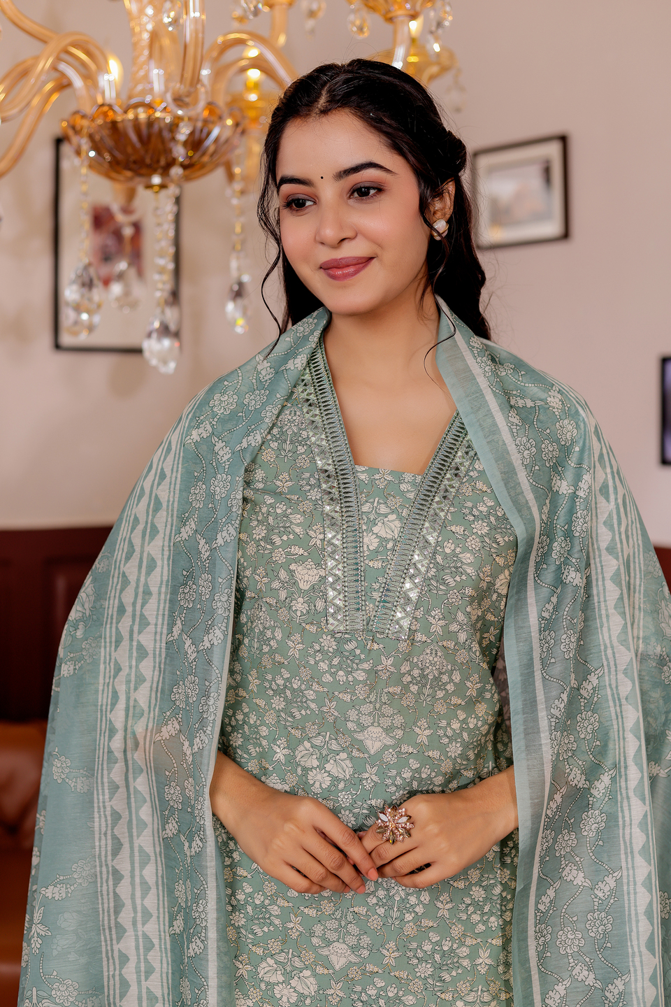 Modal Chanderi Mirror Work Straight Kurta,Trouser With Dupatta