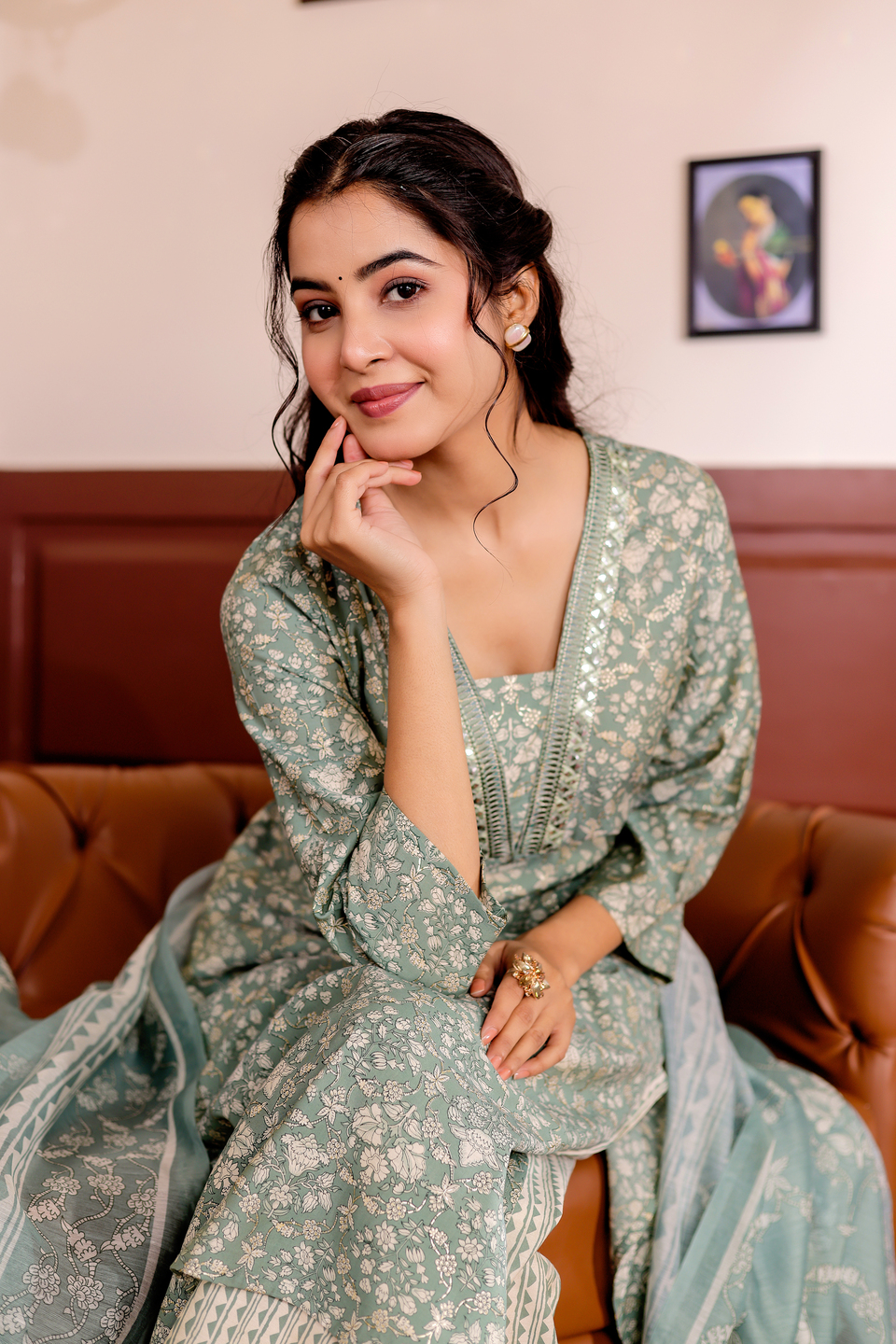 Modal Chanderi Mirror Work Straight Kurta,Trouser With Dupatta