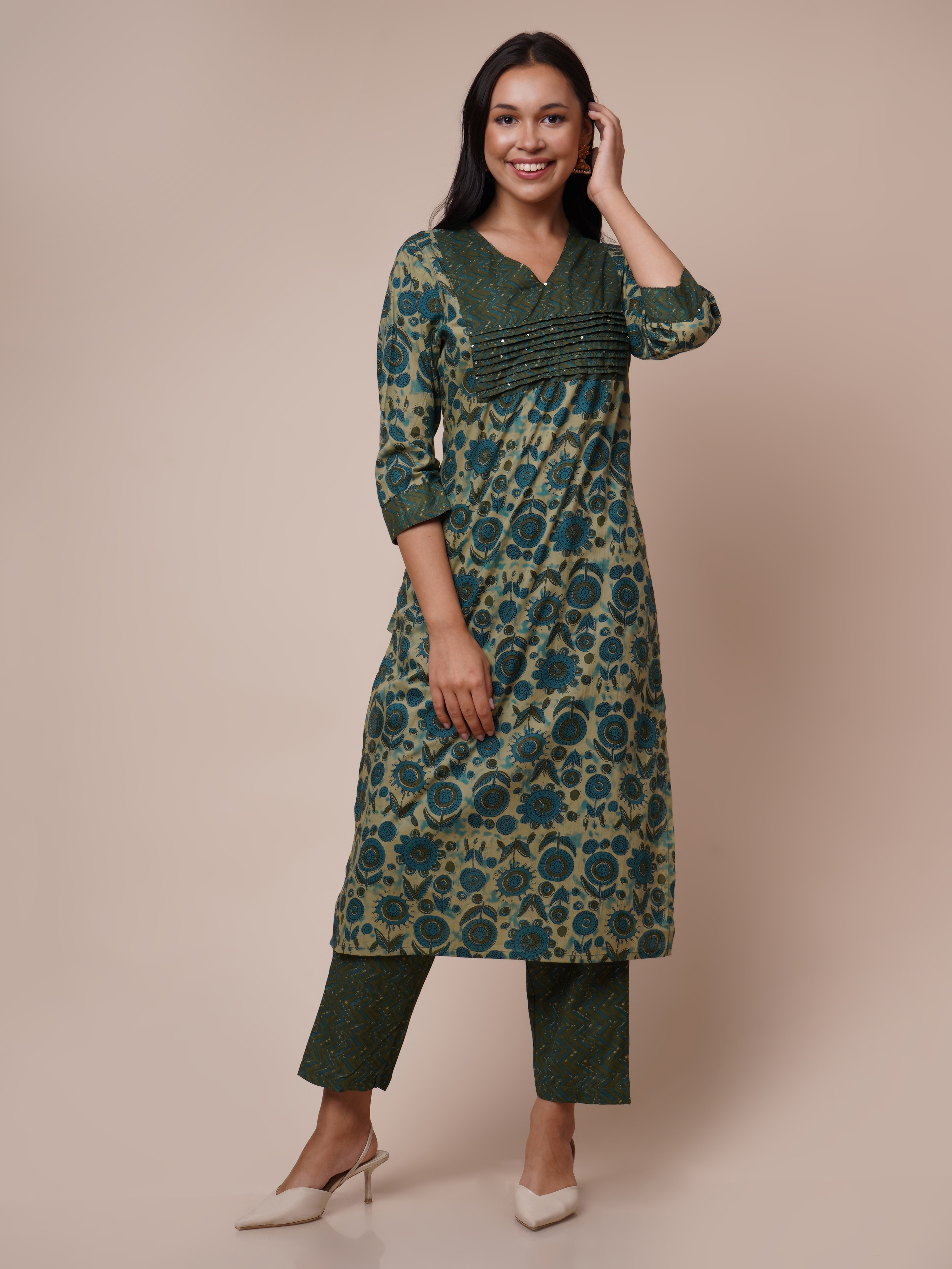 Cotton Floral Printed Handwork Straight Kurta, Pant With Dupatta Set