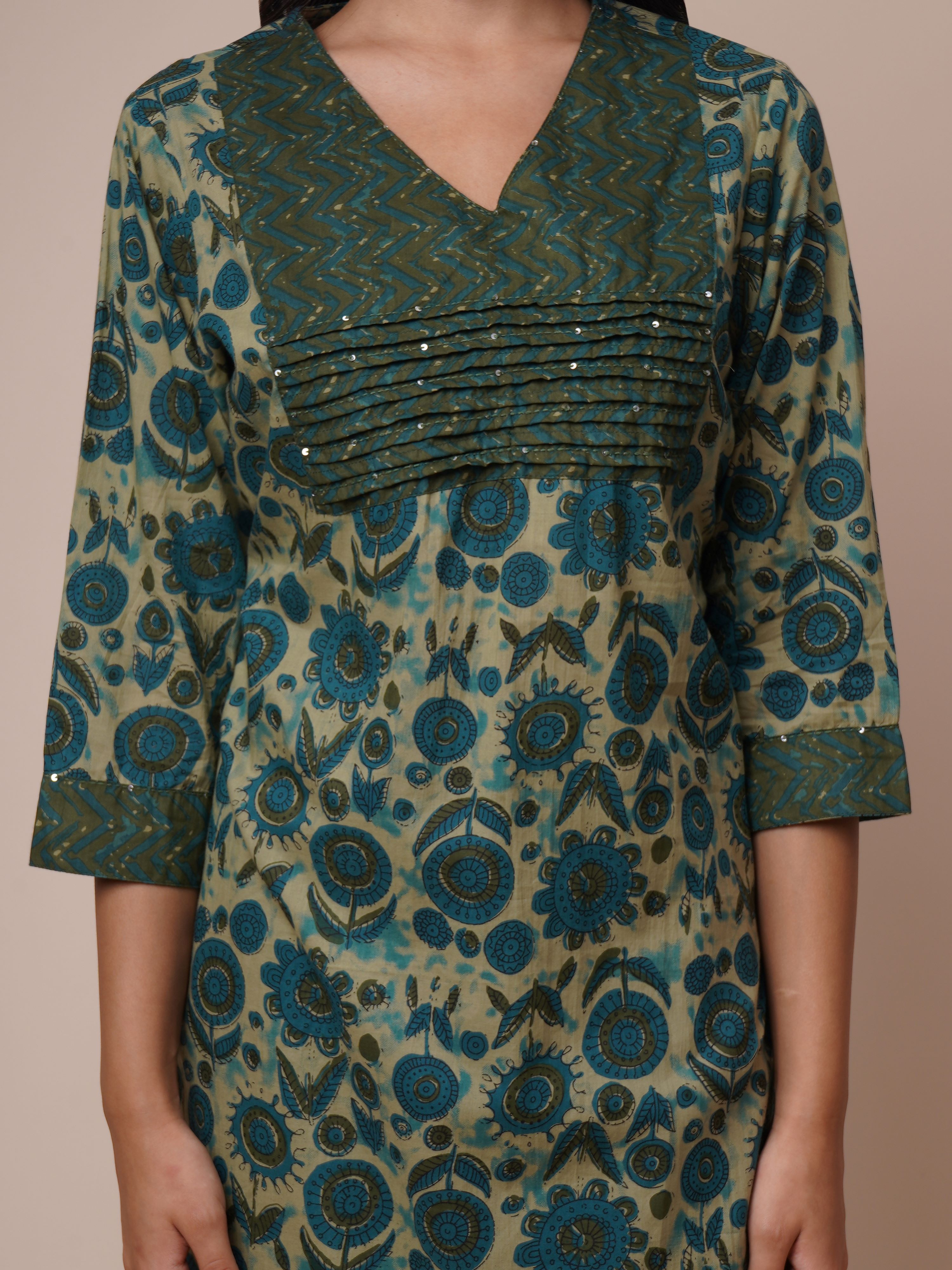 Cotton Floral Printed Handwork Straight Kurta, Pant With Dupatta Set