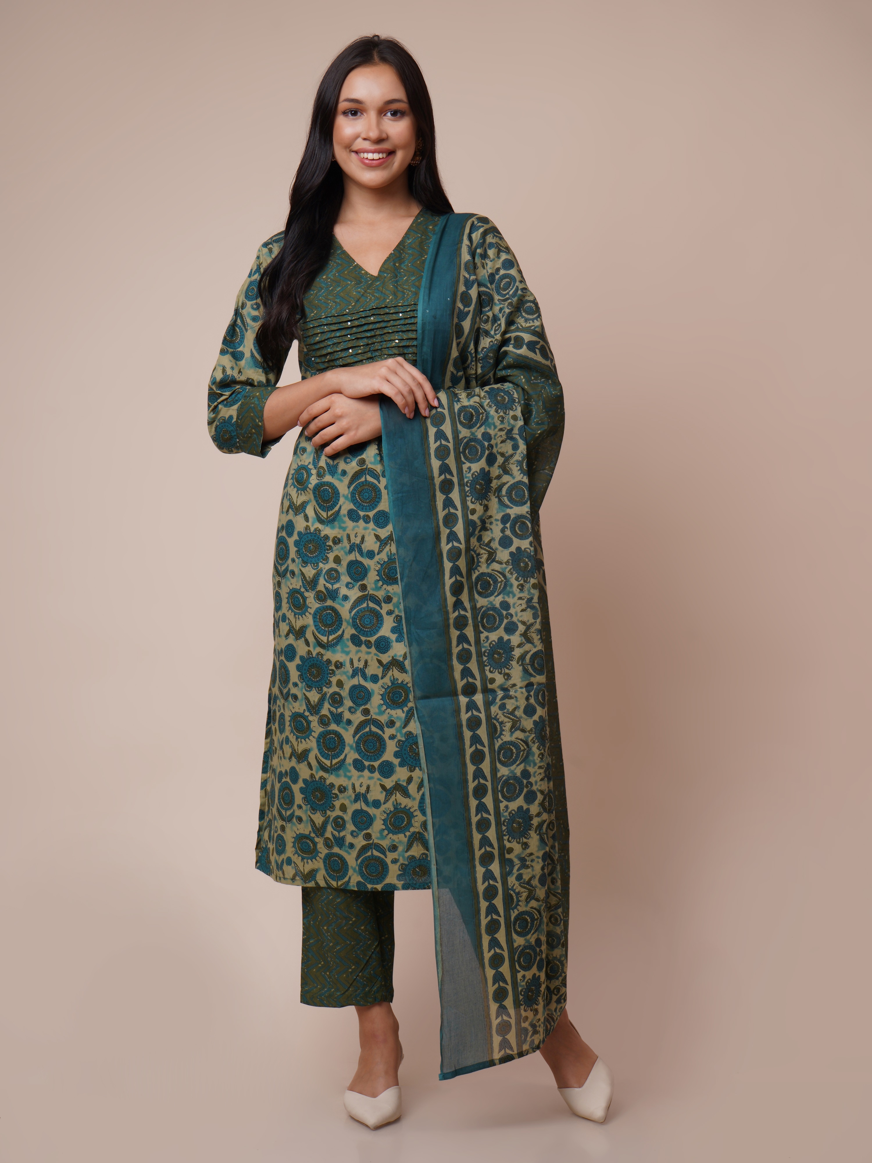 Cotton Floral Printed Handwork Straight Kurta, Pant With Dupatta Set
