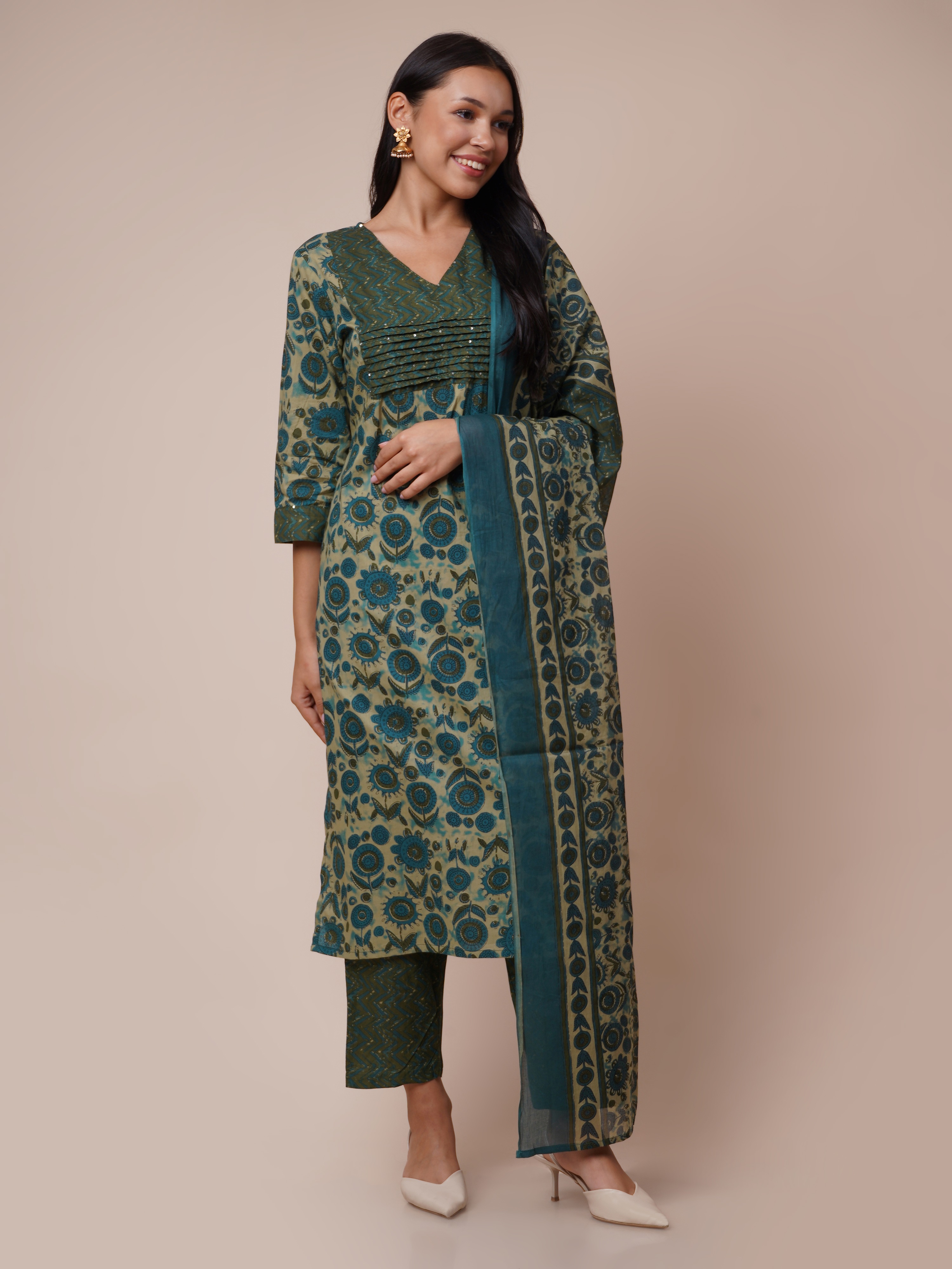 Cotton Floral Printed Handwork Straight Kurta, Pant With Dupatta Set