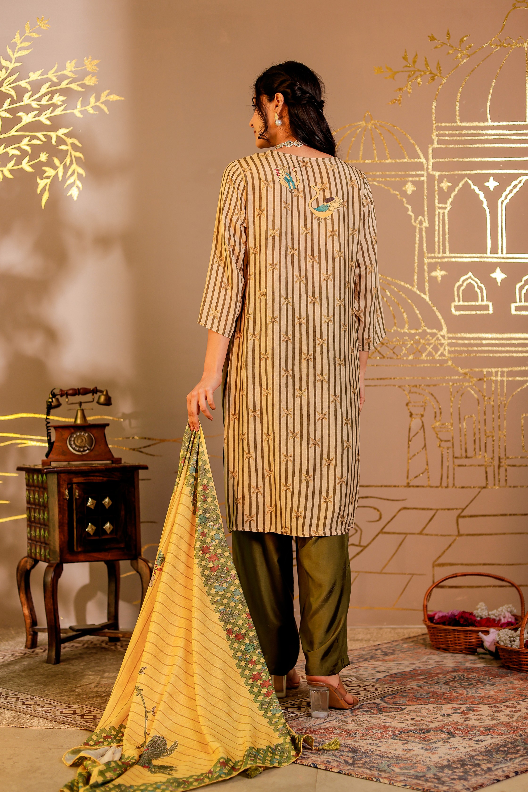 Muslin Printed Adda Work Kurta, Trousers With Dupatta