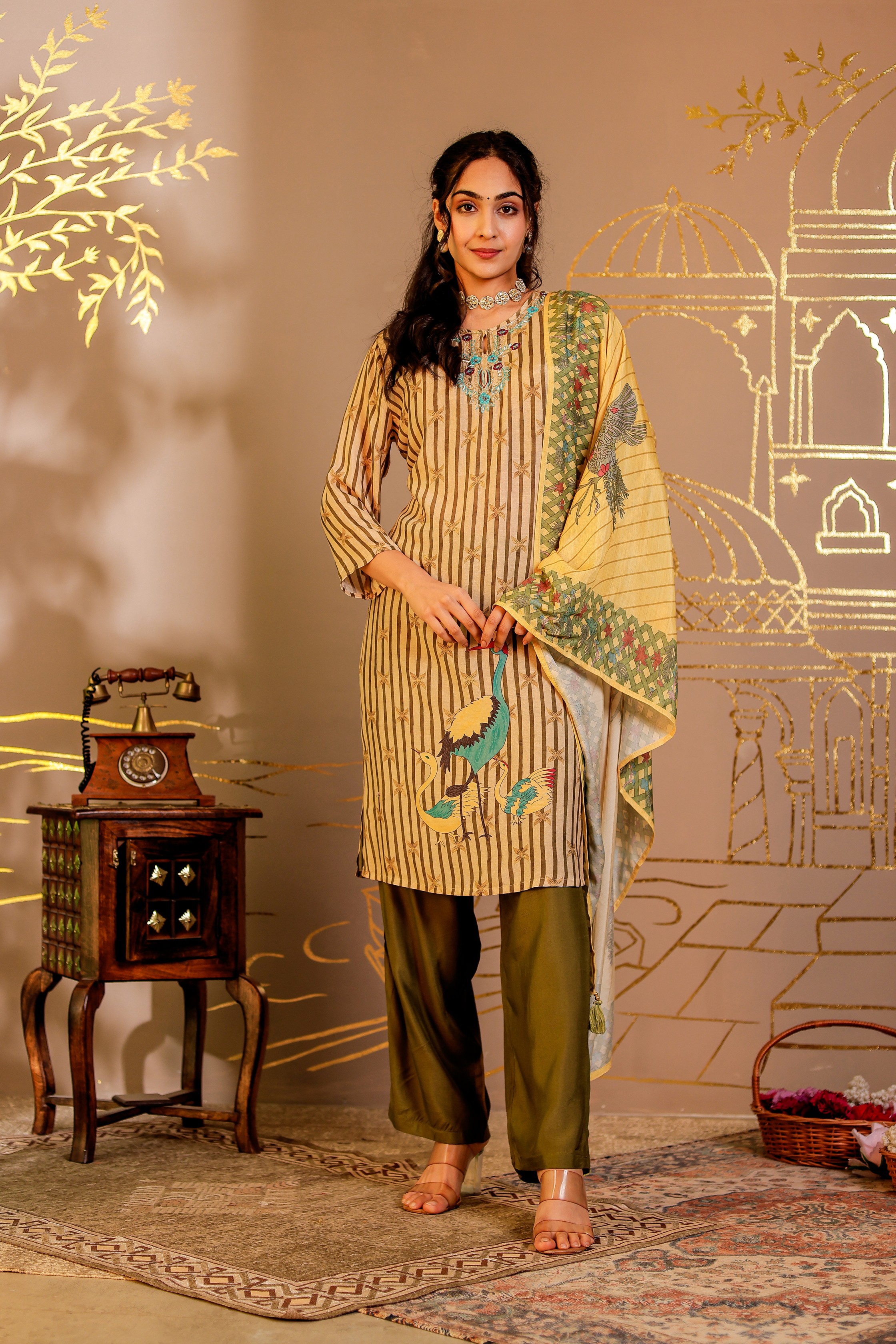 Muslin Printed Adda Work Kurta, Trousers With Dupatta Hover