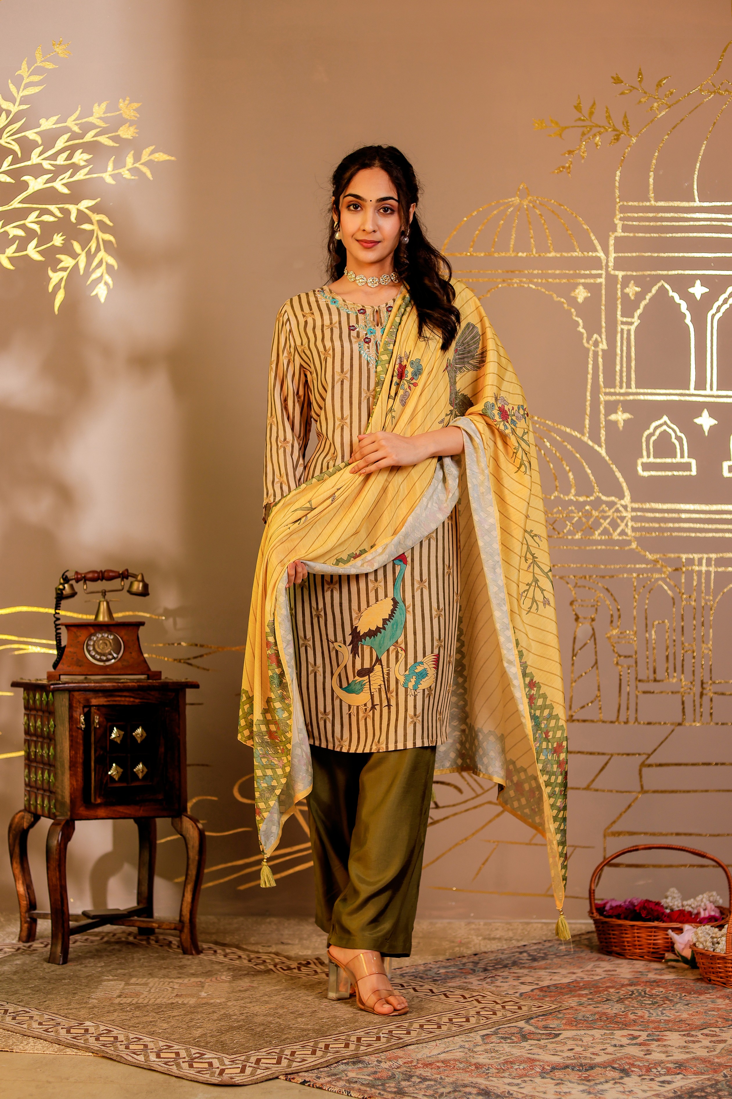 Muslin Printed Adda Work Kurta, Trousers With Dupatta
