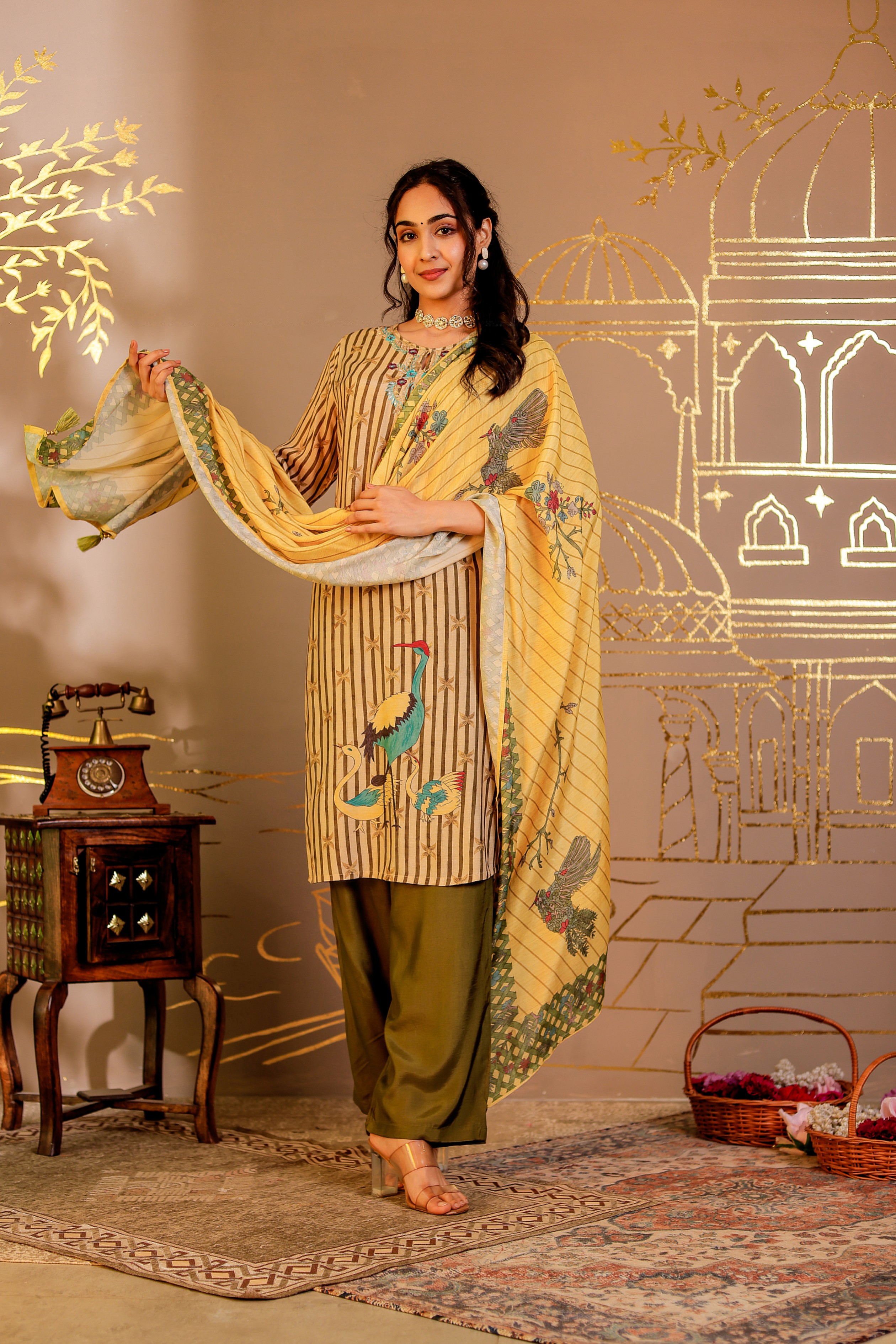 Muslin Printed Adda Work Kurta, Trousers With Dupatta