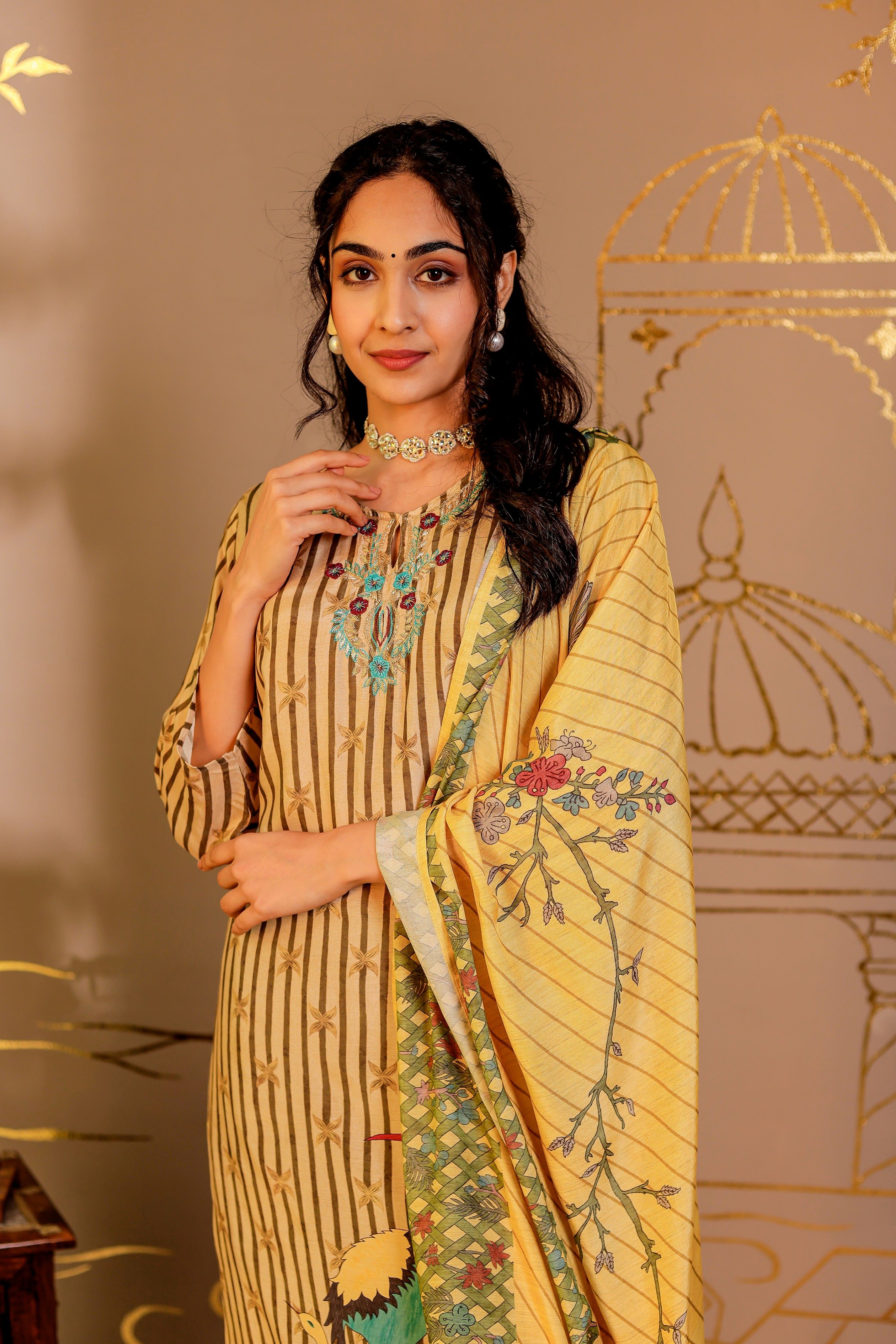 Muslin Printed Adda Work Kurta, Trousers With Dupatta