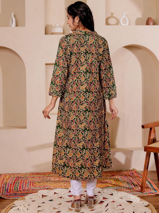 Paisely Printed Mandarin Collar Kalamkari Cotton A-Line Kurta