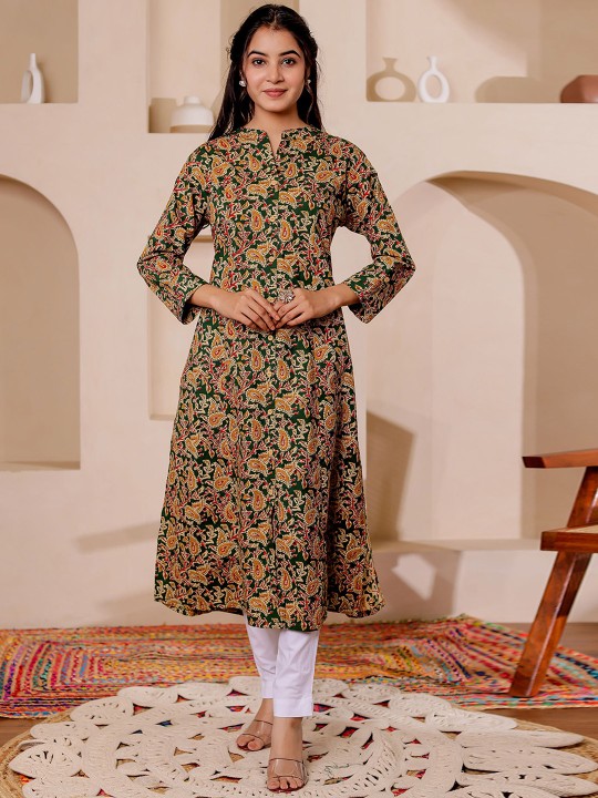 Paisely Printed Mandarin Collar Kalamkari Cotton A-Line Kurta