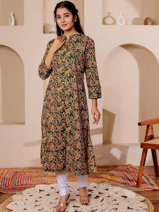 Paisely Printed Mandarin Collar Kalamkari Cotton A-Line Kurta