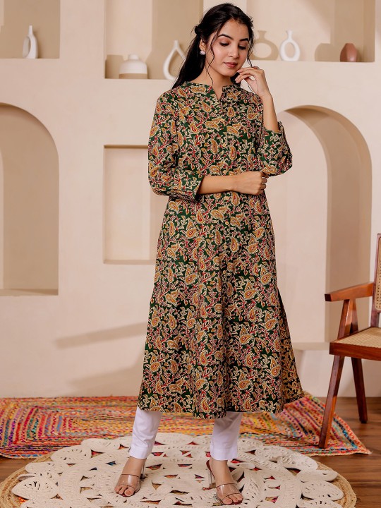 Paisely Printed Mandarin Collar Kalamkari Cotton A-Line Kurta