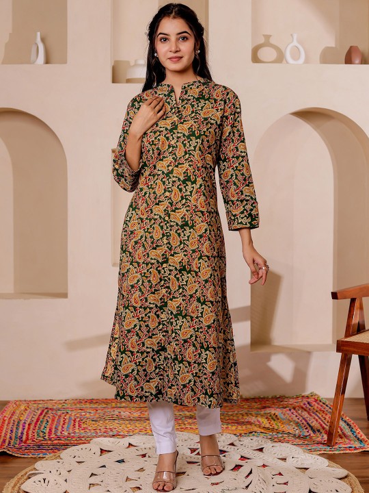 Paisely Printed Mandarin Collar Kalamkari Cotton A-Line Kurta