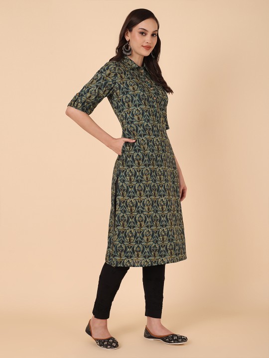 Rayon Floral Printed Straight Kurta, Green