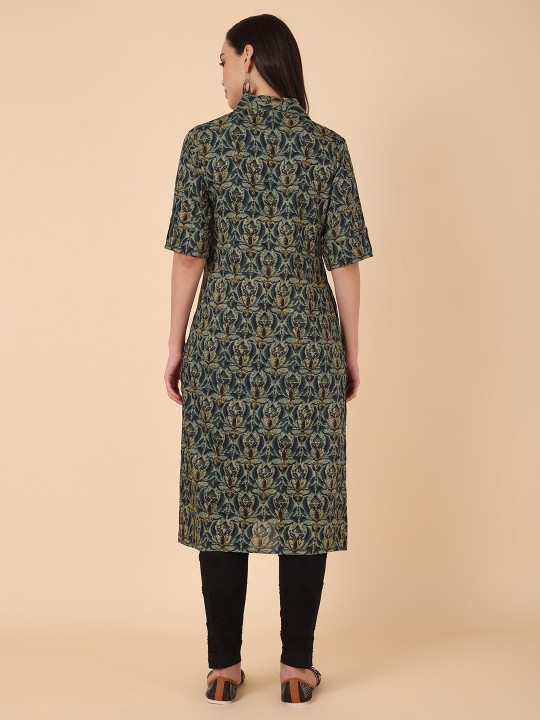 Rayon Floral Printed Straight Kurta, Green Hover