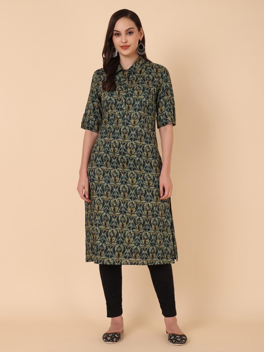 Rayon Floral Printed Straight Kurta, Green