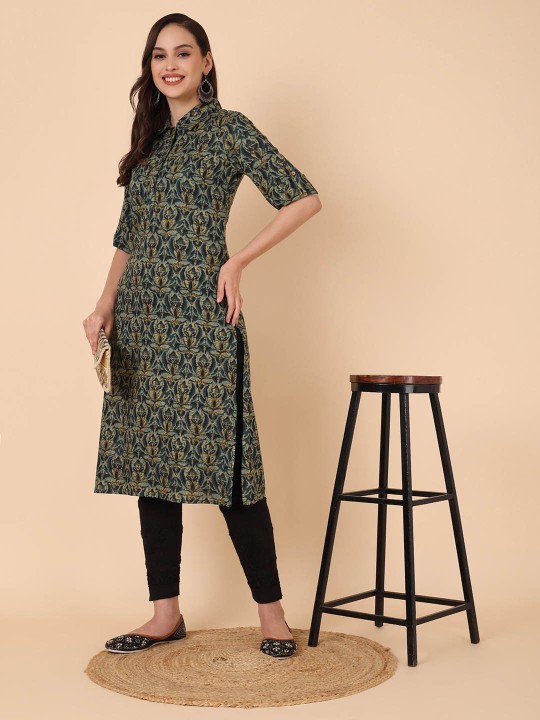 Rayon Floral Printed Straight Kurta, Green