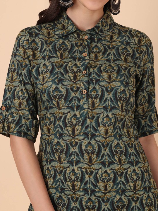 Rayon Floral Printed Straight Kurta, Green