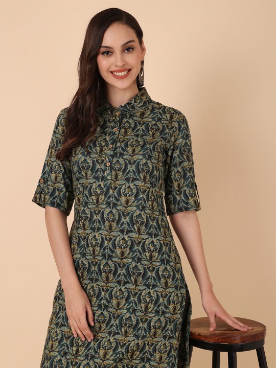 Rayon Floral Printed Straight Kurta, Green