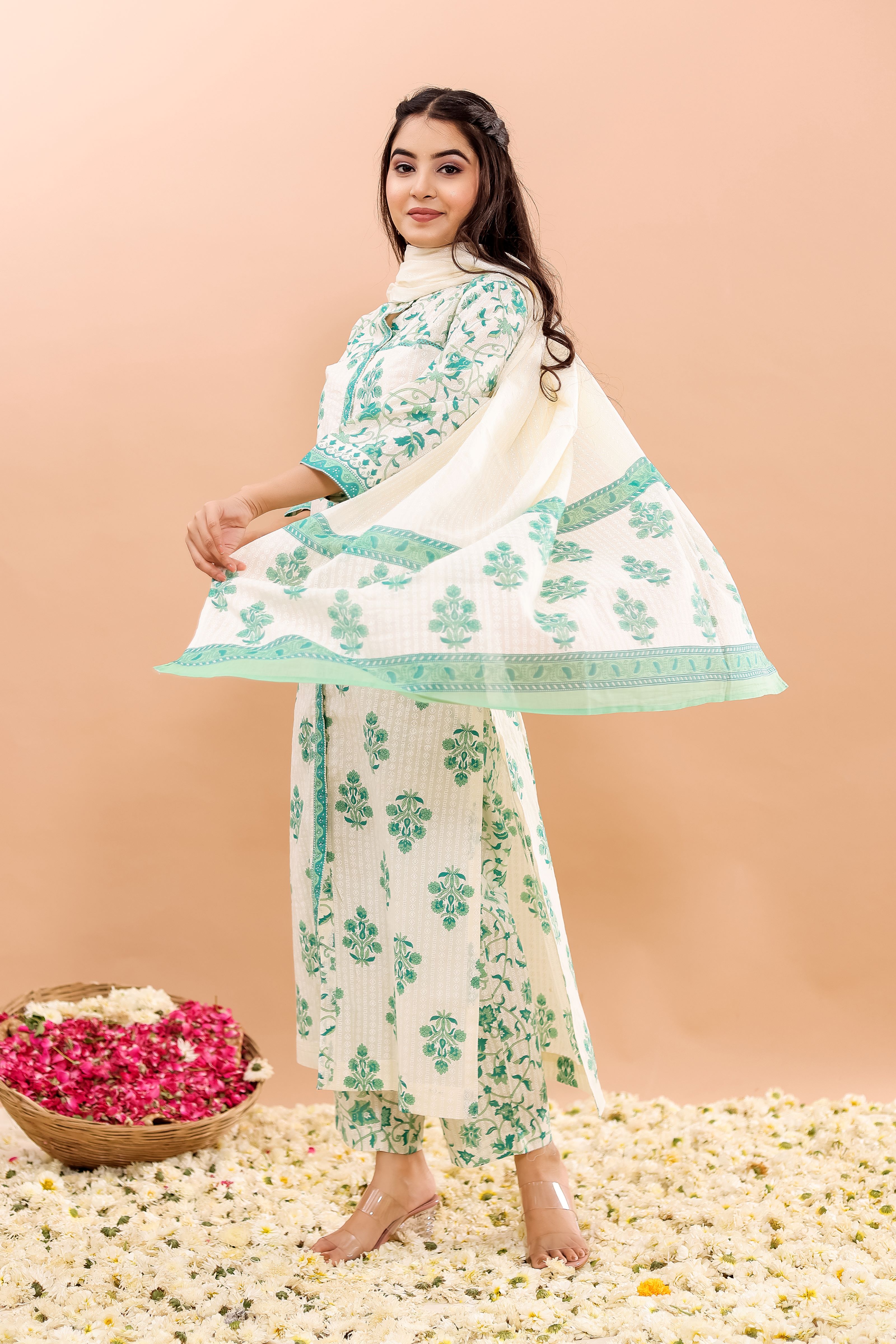 Cotton Printed Straight Kurta, Pant With Dupatta Hover
