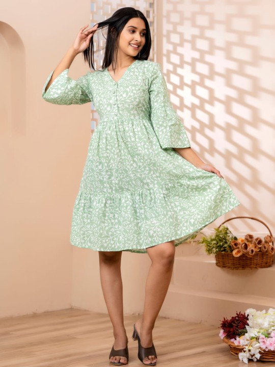Floral Printed V-Neck Bell Sleeves Tiered Detail Cotton Fit and Flare Dress Hover