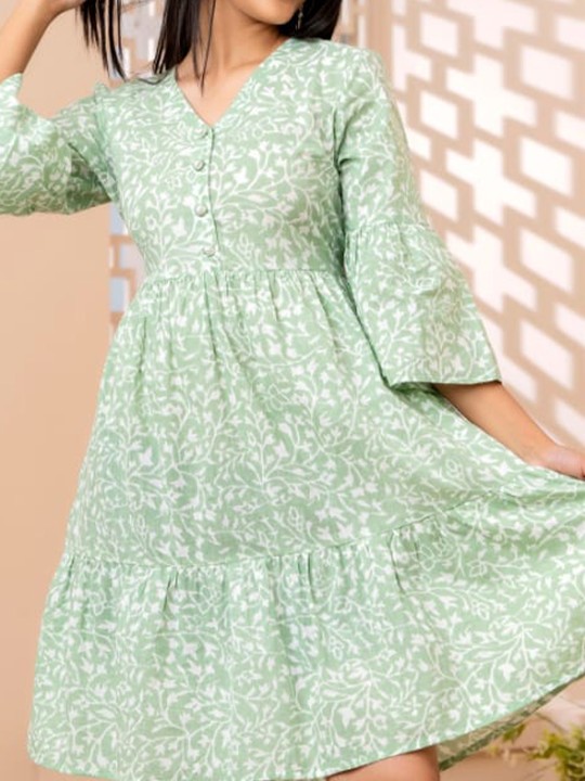 Floral Printed V-Neck Bell Sleeves Tiered Detail Cotton Fit and Flare Dress