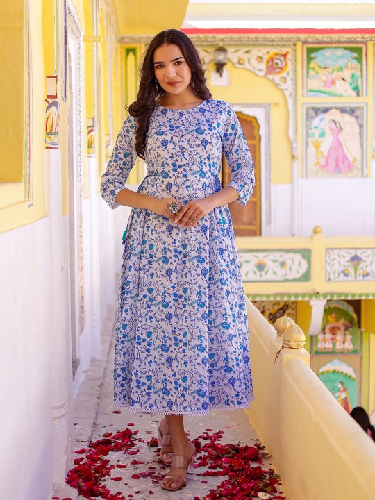 Floral Printed Gathered Cotton Fit & Flare Midi Dress