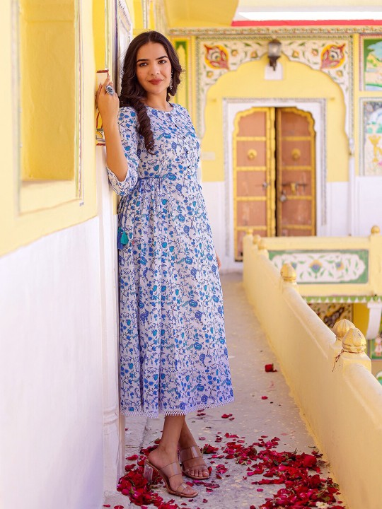 Floral Printed Gathered Cotton Fit & Flare Midi Dress