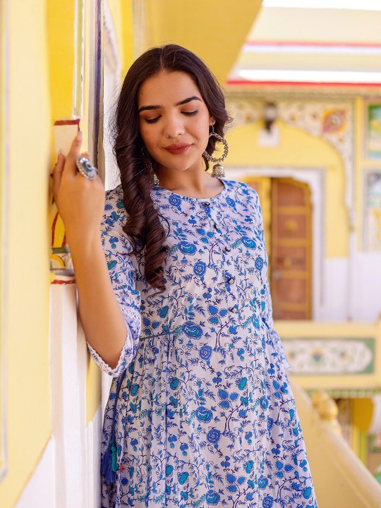 Floral Printed Gathered Cotton Fit & Flare Midi Dress