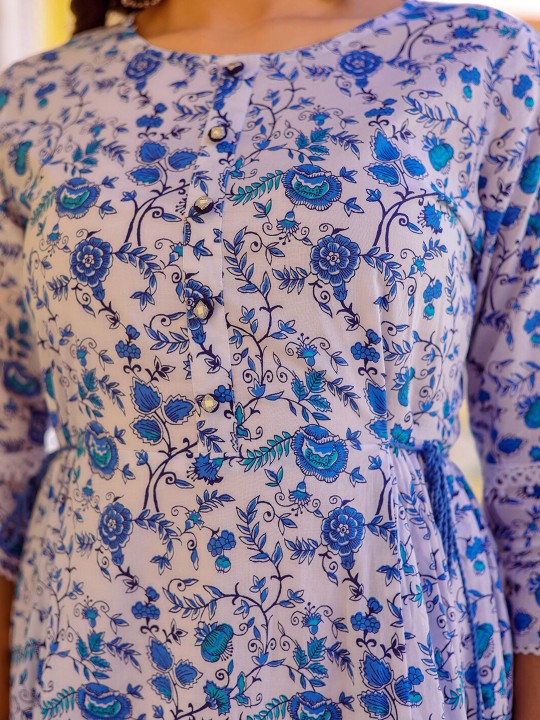 Floral Printed Gathered Cotton Fit & Flare Midi Dress
