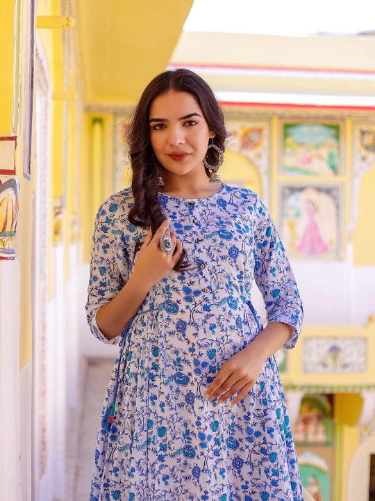 Floral Printed Gathered Cotton Fit & Flare Midi Dress