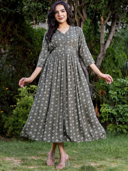 Crepe Printed Fit & Flared Maxi Ethnic Dress