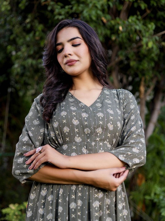 Crepe Printed Fit & Flared Maxi Ethnic Dress