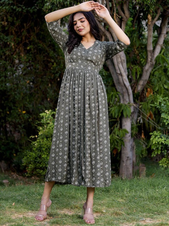 Crepe Printed Fit & Flared Maxi Ethnic Dress