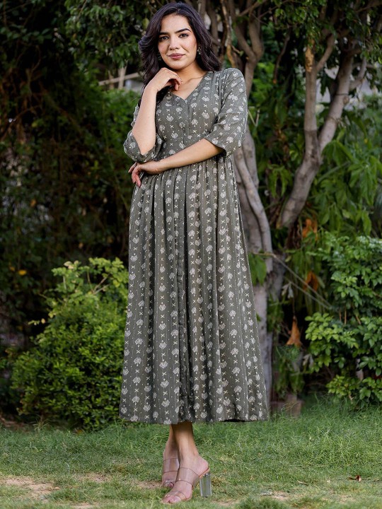 Crepe Printed Fit & Flared Maxi Ethnic Dress