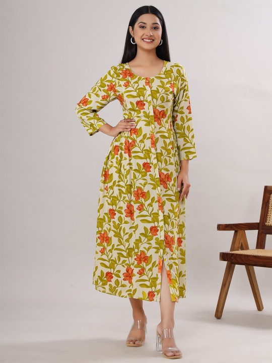 Rayon Floral Print A-Line Midi Ethnic Dress