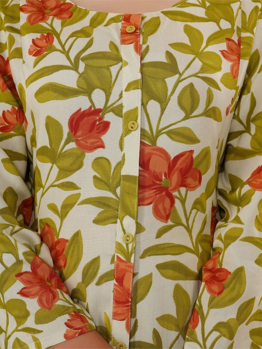 Rayon Floral Print A-Line Midi Ethnic Dress Hover
