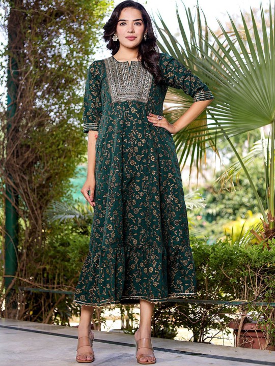 Ikkat Embroidered Maxi Ethnic Dress