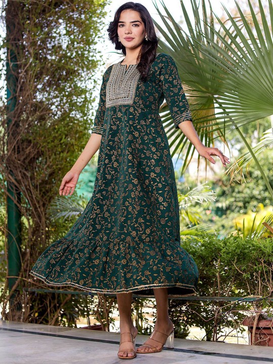 Ikkat Embroidered Maxi Ethnic Dress Hover