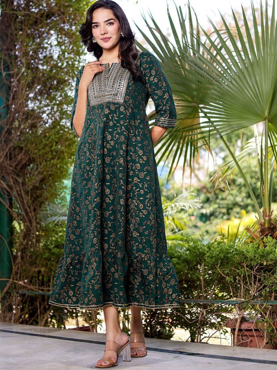 Ikkat Embroidered Maxi Ethnic Dress