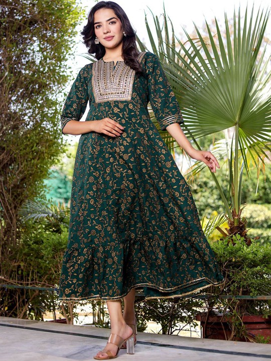 Ikkat Embroidered Maxi Ethnic Dress