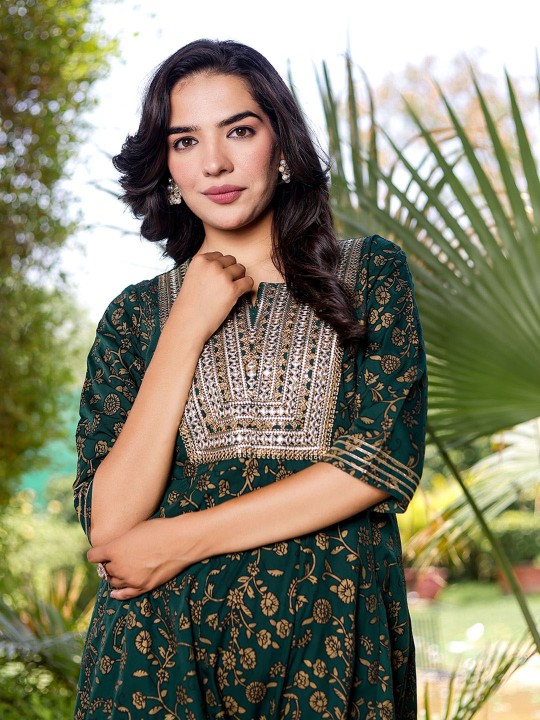 Ikkat Embroidered Maxi Ethnic Dress